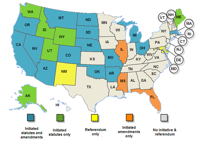 map of U.S. states that enable citizen initiatives and referenda