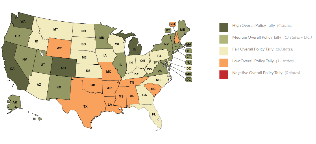 Map of U.S. states showing their rankings in ease of voting